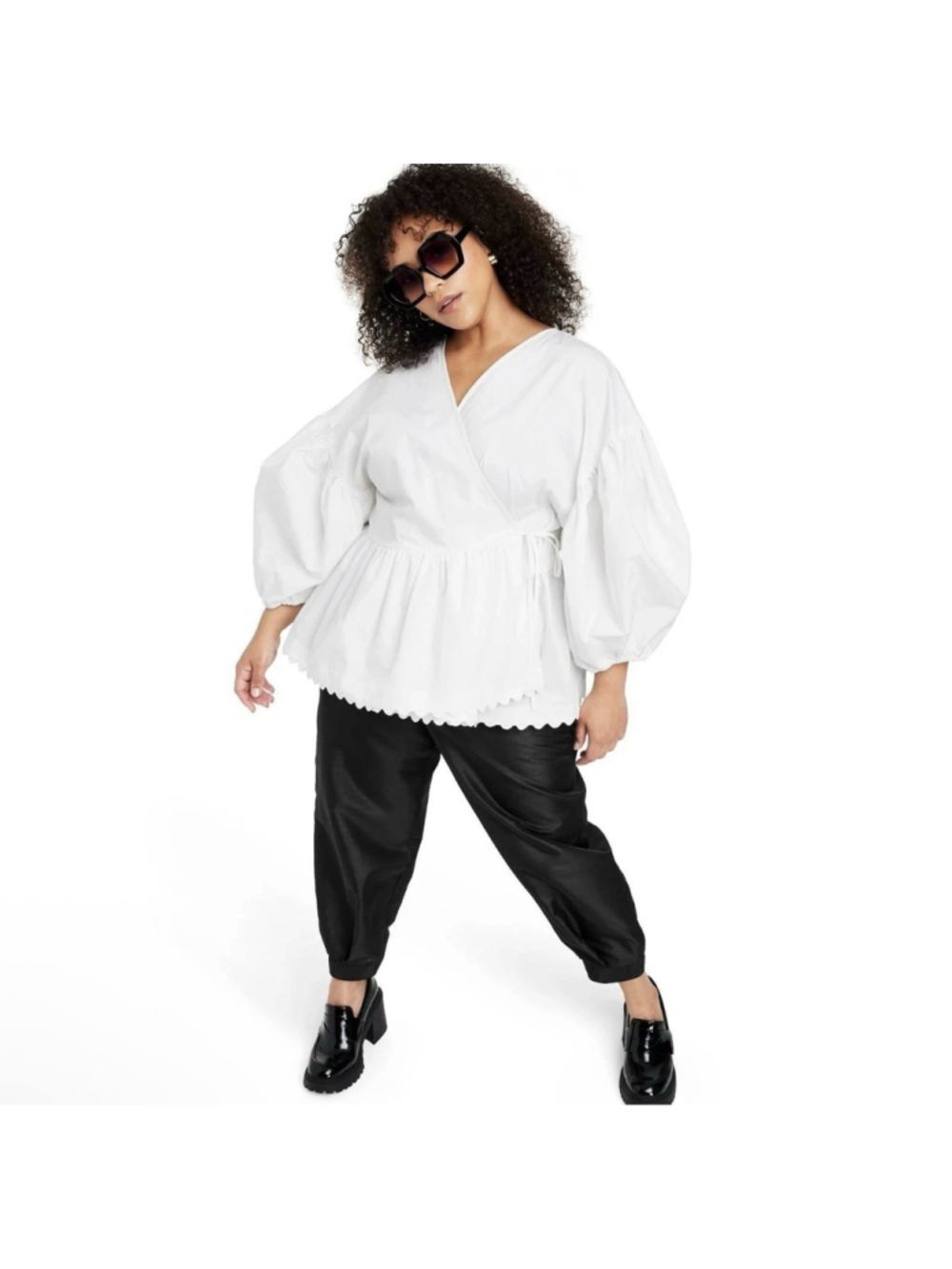 Kika Vargas xTarget White V-Neck Balloon Sleeve Scallop Ruffle Tie Cotton Top L - Picture 6 of 14